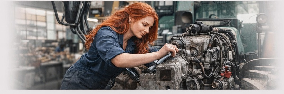 Mechanikerin repariert einen Traktor in der Werkstatt